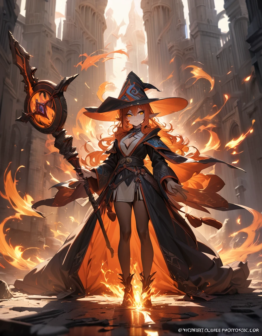 A cute hot elf girl fire mage, dramatic explosions of fire magic, mage hat, smirky expression, battle stance, dark robe, mage staff, detailed face, beautiful detailed eyes, beautiful detailed lips, extremely detailed eyes and face, long eyelashes, intricate details, masterpiece, 8k, ultra-detailed, photorealistic, concept art, vibrant colors, dramatic lighting