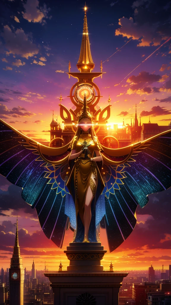 dreamy, colorful, whimsical, magical, masterpiece, best quality, sharp focus, intricately detailed environment, fine detail, 8k resolution, glowing lights,golden statue,sunset sky,city,trees