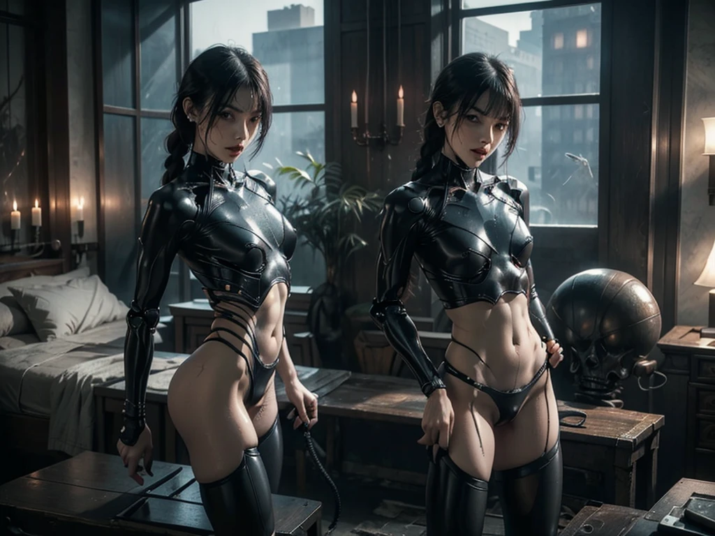 braided ponytails, (((Slutty skintight cybernetic robot sex demon Full AI nude skin and anatomy))), ((slutty braided hair)), ((She is in your bedroom, slutty )), Perfect back view of her tight butt, full body picture, she is a seductive slut, Perfect proportions, she has a perfect Ass... she wants to put your tiny shrunken body deep inside of her pussy, short hair with bangs and ponytails, beautiful horror, domination, death by pussy insertion, skinny sexy and slutty woman, she needs to have your tiny shrunken body deep inside of her pussy.... she wants you to choke inside of her pussy, she is the embodiment of sexual domination and lust, she is perfect, you are her prey, you are about to die inside of her pussy, small tight ass, giantess domination, human sex toy, helpless, she is a giantess and she wants to use your tiny shrunken body as a human dildo..., perfect anatomy, perfect arms and hands, better detail on her eyes... make her eyes look scary and beautiful, perfect sexy and slutty athletic body, perky nipples, wet, white cum, perfect tight butt, black hair, perfect legs and thighs, tight wet pussy, white dripping cum, ((Perfect eyes and face)), ((closed wet full lips)), ((perfect hands and fingers)), ((( a lot of white cum is dripping out of her pussy))), ((she has a very skinny and toned strong body)), ((makeup)), ((freckles)), ((perfect eyebrows)), ((sharper edges)), ((perfect scary grey eyes)), perfect face, slut, sadistic, predatory, better detail on her skin, perfect face and strong jawline, perfect full wet lips, sadistic atmosphere, wet sweaty skin, beautiful intimidating grey eyes, ((beautiful horror)), better lighting, more toned muscles, perfect detail on her intimidating eyes, very tight underwear, ((tight pussy)), (((tighter clothing))), slutty, intense, perfect detail, ((piercings)), better detail on her bellybutton, skinny, skinny and strong, more skin showing, intense, slutty, freckles, long skinny perfect legs, scary and intense, super slutty