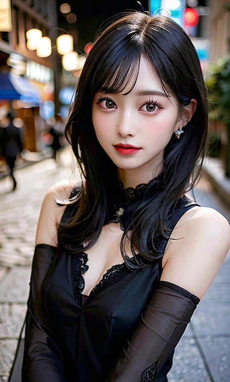 Delicate, Masterpiece, Beautiful detailed, Colourful, finely detailed ,Thin lips，Detailed lips, Intricate details, Large breasts, 1 woman,(A handsome 20-year-old Russian woman:1.1),(50mm Sigma f/1.4 ZEISS lens, F1.4, 1/800s, ISO 100, photography of:1.1), (short detailed hair+Black hair:1.2),(Photorealistic:1.4), (spy :1.2), (Evening wear, Black pantyhose,Black silk covering,  \(brand\), :1.3),Earrings,necklace,armlets, (Beautiful legs, Tall female, Skinny, Slim_Legs, upper legs_the gap, model:1.2), Lens flare, From the front side, (Happy smile:1.1), Dynamic pose, (Makeup:1.2),