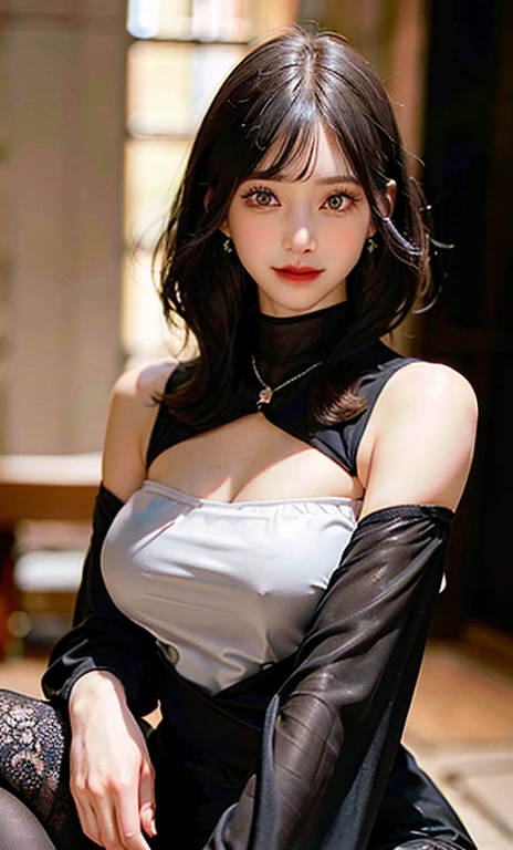 Delicate, Masterpiece, Beautiful detailed, Colourful, finely detailed ,Thin lips,Detailed lips, Intricate details, Large breasts, 1 woman,(A handsome 20-year-old Russian woman:1.1),(50mm Sigma f/1.4 ZEISS lens, F1.4, 1/800s, ISO 100, photography of:1.1), (short detailed hair+Black hair:1.2),(Photorealistic:1.4), (spy :1.2), (Evening wear, Black pantyhose,Black silk covering, \(brand\), :1.3),Earrings,necklace,armlets, (Beautiful legs, Tall female, Skinny, Slim_Legs, upper legs_the gap, model:1.2), Lens flare, From the front side, (Happy smile:1.1), Dynamic pose, (Makeup:1.2),