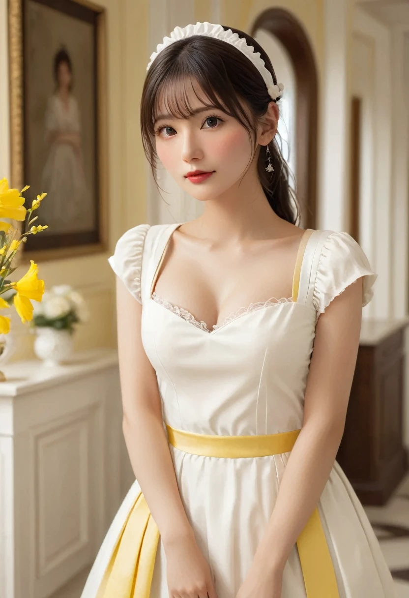 (masterpiece), (Highest quality), (Super detailed), image_type: Portraiture | Sexy big  cleavage: fashion | emotion: elegant | scene: A young girl in a yellow and white maid outfit stands elegantly in an elegantly decorated interior room | Beautiful light, Calm mood,Look to the side