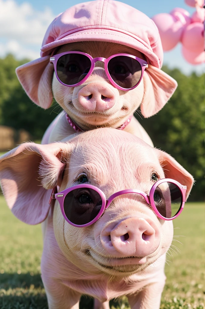 A little pink pig with a cap and sunglasses