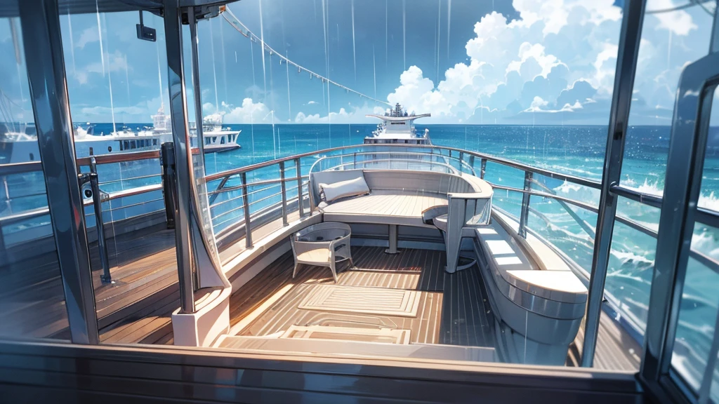 Cruise ship deck, sky full of clouds, no one, rain