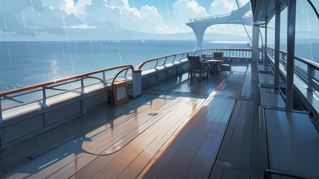 Cruise ship deck, sky full of clouds, no one, rain