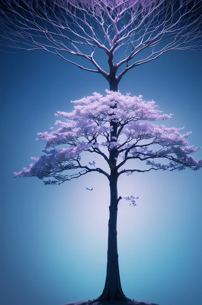 minimalist design, realistic and elegant, with a background in soft tones of blue and purple harmoniously blended. At the center, A delicate illustration of a solitary tree stands out, with deep roots and branches that stretch to the sky, symbolizing the inner journey and connections with the divine. Around the tree, subtle patterns of leaves and flowers represent life's ephemeral beauty and constant change. The title of the book, in elegant, flowing letters, hovers above the tree, conveying serenity and contemplation.