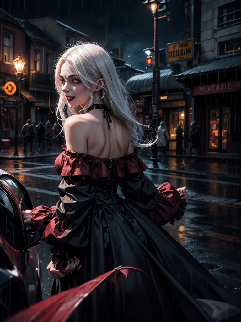(vampire:1.3), (fangs:1.3), urban, city, cars, nighttime, long exposure, bustling city, traffic lights, car lights, rain, raining, puddles, blood, bloodrain, blood rains from the sky, 1girl, white hair, red eyes, shoulder-length hair, two-sides up, from behind, looking at viewer, open mouth, grin, raised eyebrows, wide-eyed, gothic dress, (off-shoulder:1.3), gloves, holding, holding fan, glowing