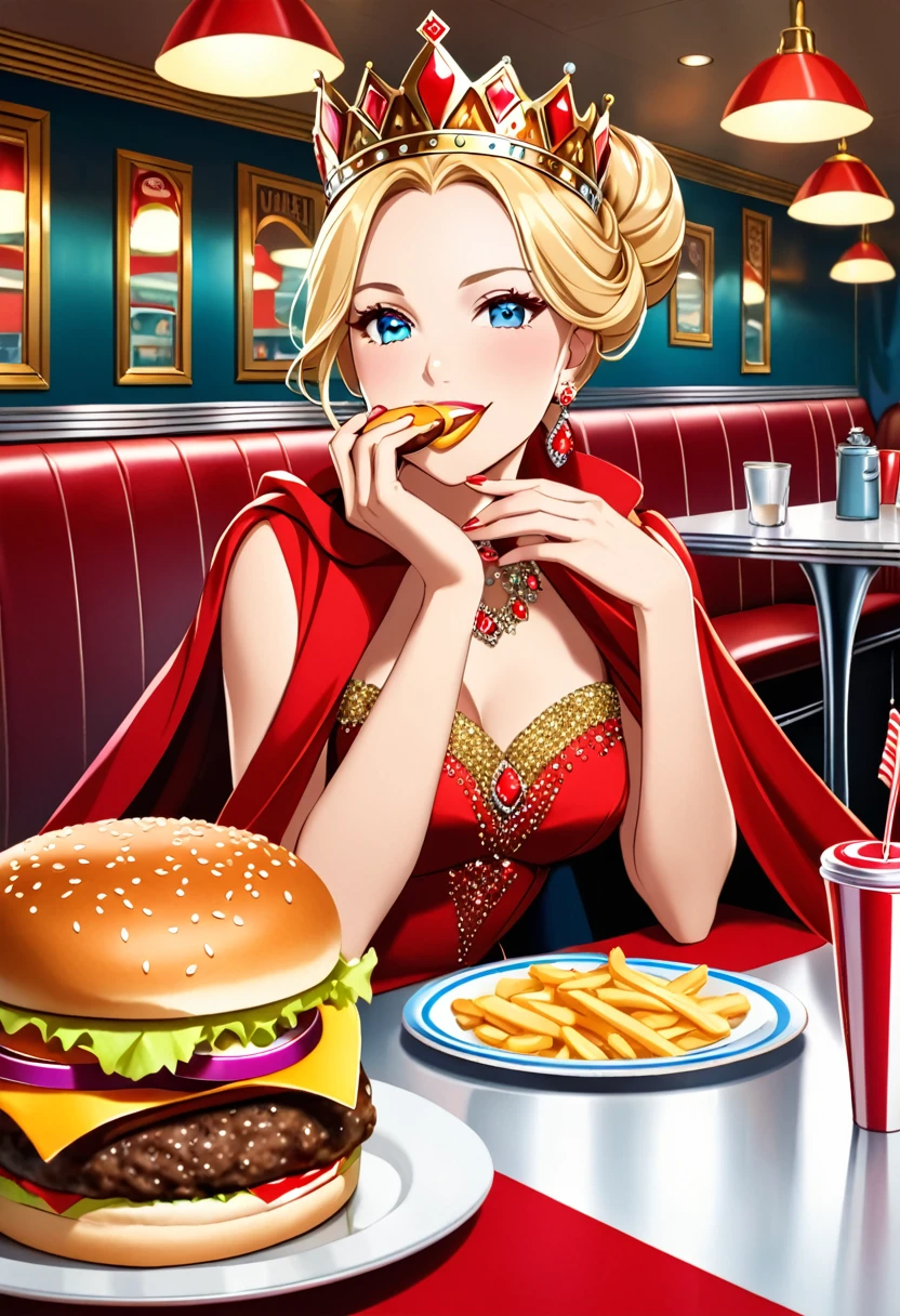 picture of a royal adult queen eating a juicy hamburger, royal queen, blond hair, in a bun, dynamic eye color, wearing a royal (crown:1.2). elegant crown, glamour crown, wearing elegant dress, royal dress, royal cloak, high fashion, wearing high heels, sitting in diner, eating a juicy hamburger, delicious hamburger, her (scepter: 1.1) is on the table American diner background, she enjoys the hamburger