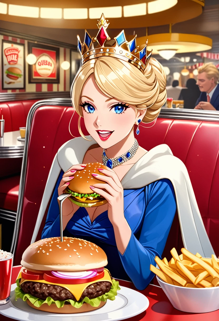 picture of a royal adult queen eating a juicy hamburger, royal queen, blond hair, in a bun, dynamic eye color, wearing a royal (crown:1.2). elegant crown, glamour crown, wearing elegant dress, royal dress, royal cloak, high fashion, wearing high heels, sitting in diner, eating a juicy hamburger, delicious hamburger, her (scepter: 1.1) is on the table American diner background, she enjoys the hamburger