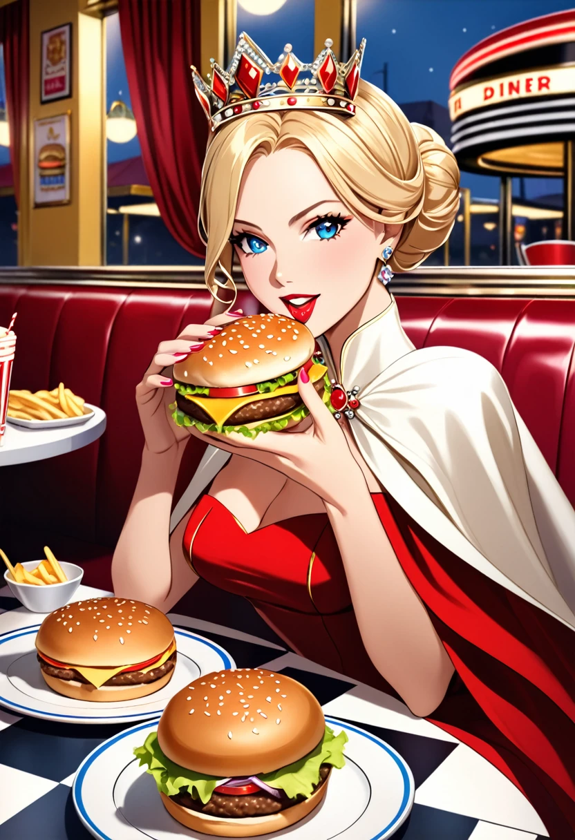 picture of a royal adult queen eating a juicy hamburger, royal queen, blond hair, in a bun, dynamic eye color, wearing a royal (crown:1.2). elegant crown, glamour crown, wearing elegant dress, royal dress, royal cloak, high fashion, wearing high heels, sitting in diner, eating a juicy hamburger, delicious hamburger, her (scepter: 1.1) is on the table American diner background, she enjoys the hamburger