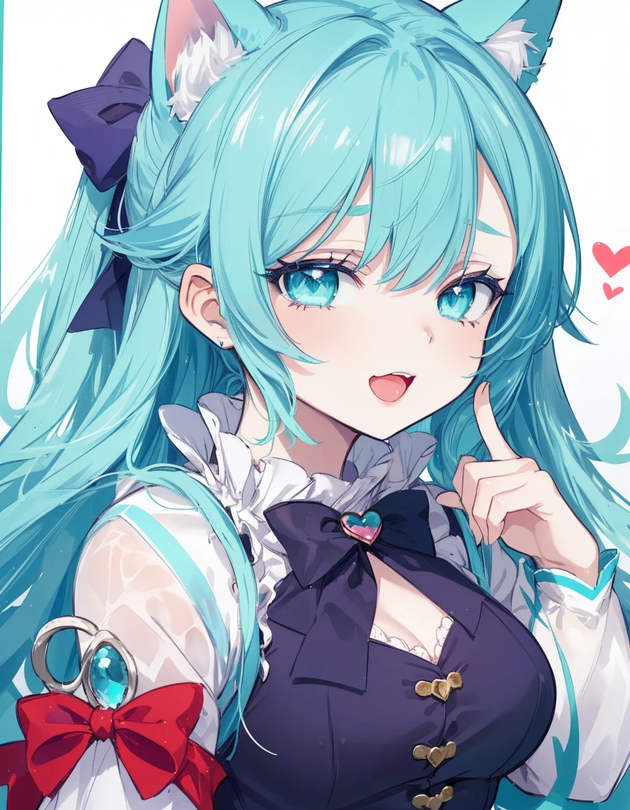 Hado Nejire, wink, open mouth, heart, ((masterpiece, best quality:1.5)), ((Beautiful detailed cat aqua eyes:1.2)), cat ears, pale skin, medium breasts, beautiful hands, beautiful fingers, EasyNegative