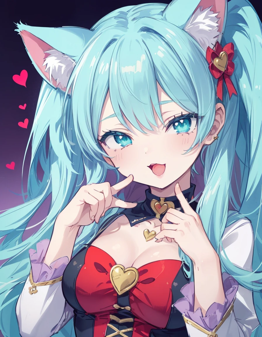 Hado Nejire, wink, open mouth, heart, ((masterpiece, best quality:1.5)), ((Beautiful detailed cat aqua eyes:1.2)), cat ears, pale skin, medium breasts, beautiful hands, beautiful fingers, EasyNegative