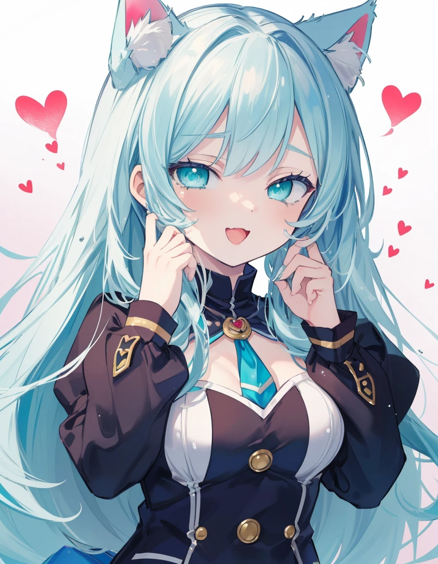 Hado Nejire, wink, open mouth, heart, ((masterpiece, best quality:1.5)), ((Beautiful detailed cat aqua eyes:1.2)), cat ears, pale skin, medium breasts, beautiful hands, beautiful fingers, EasyNegative
