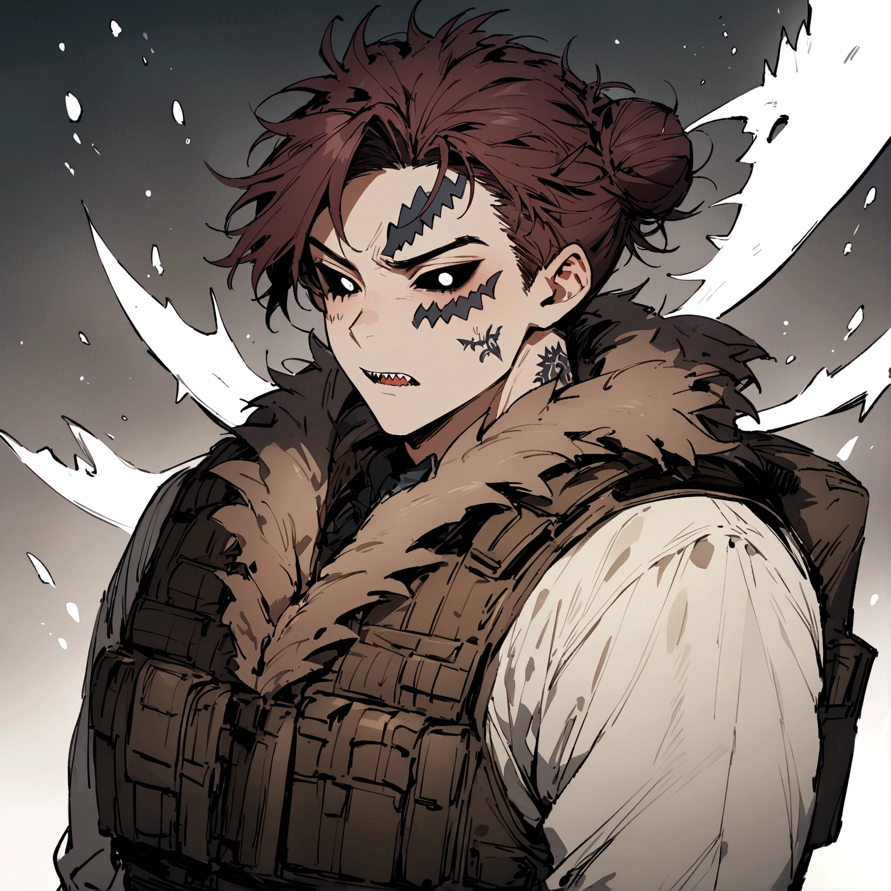 (masterpiece), best quality, expressive eyes, perfect face, Male, maroon messy hair-bun, black eyes, neck roses tattoo. brown fur lined overcoat, tactical vest, handsome, waist up view, upper body view, Shark teeth, Half-Shark, Shark Hybrid, Sharp teeth, black sclera, white iris, male Shark demihuman