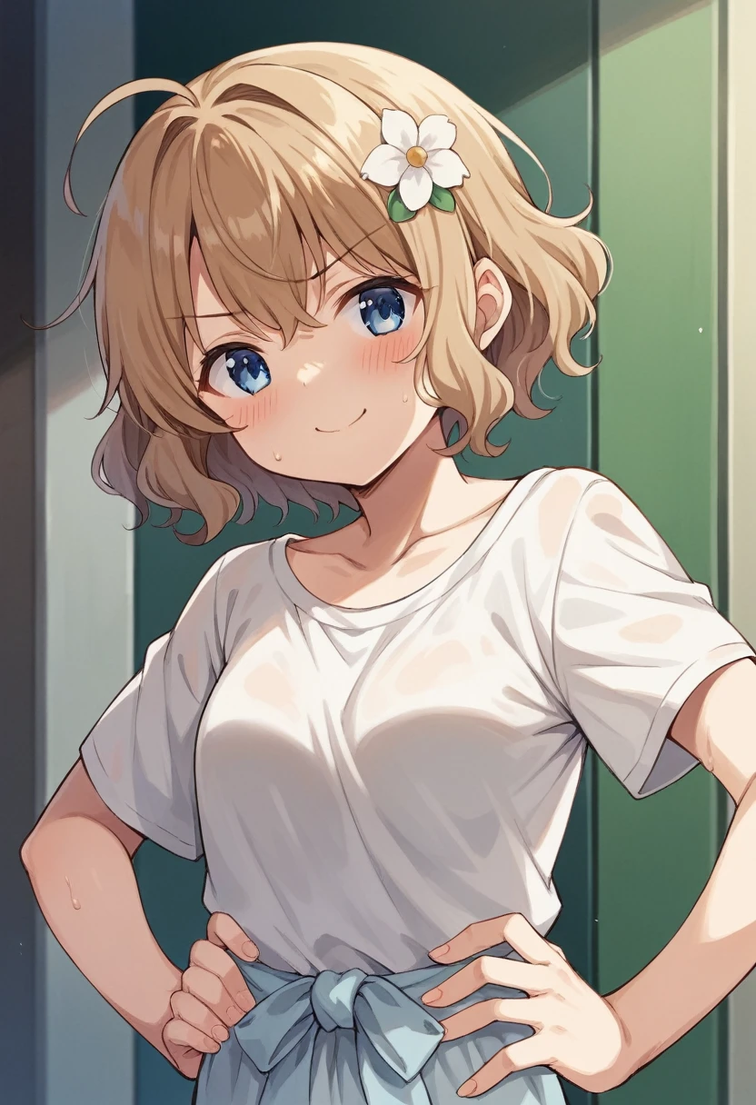 Sweaty Momoko, casual, まっすぐAre standing, White flower, smile, short hair, , light Brown Hair, Brown Hair, clavicle,  Wavy Hair, Holding, Mouth closed, blue eyes, blush, One girl, Hair Flowers, V-shaped eyebrows, hair ornaments, Ahoge, Are standing,, Eyebrows visible through hair,, Hands on hips, indoor ,乳首がAre standing,Small areola,Completely naked