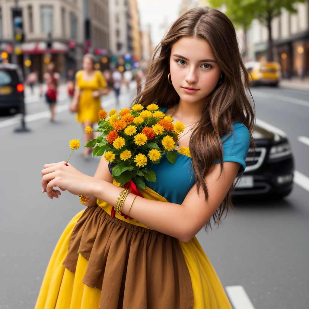((Best Quality)),((artwork)),((realist)),portrait of a 17 year old woman,[captivating brown eyes],Brown hair[old and worn dress], holding red and yellow flowers with a beautiful bracelet on her right arm well highlighted in the middle of the street:1.3),[busy street scene,(capturing beauty and art:1.2),(8K resolution:1.2),
