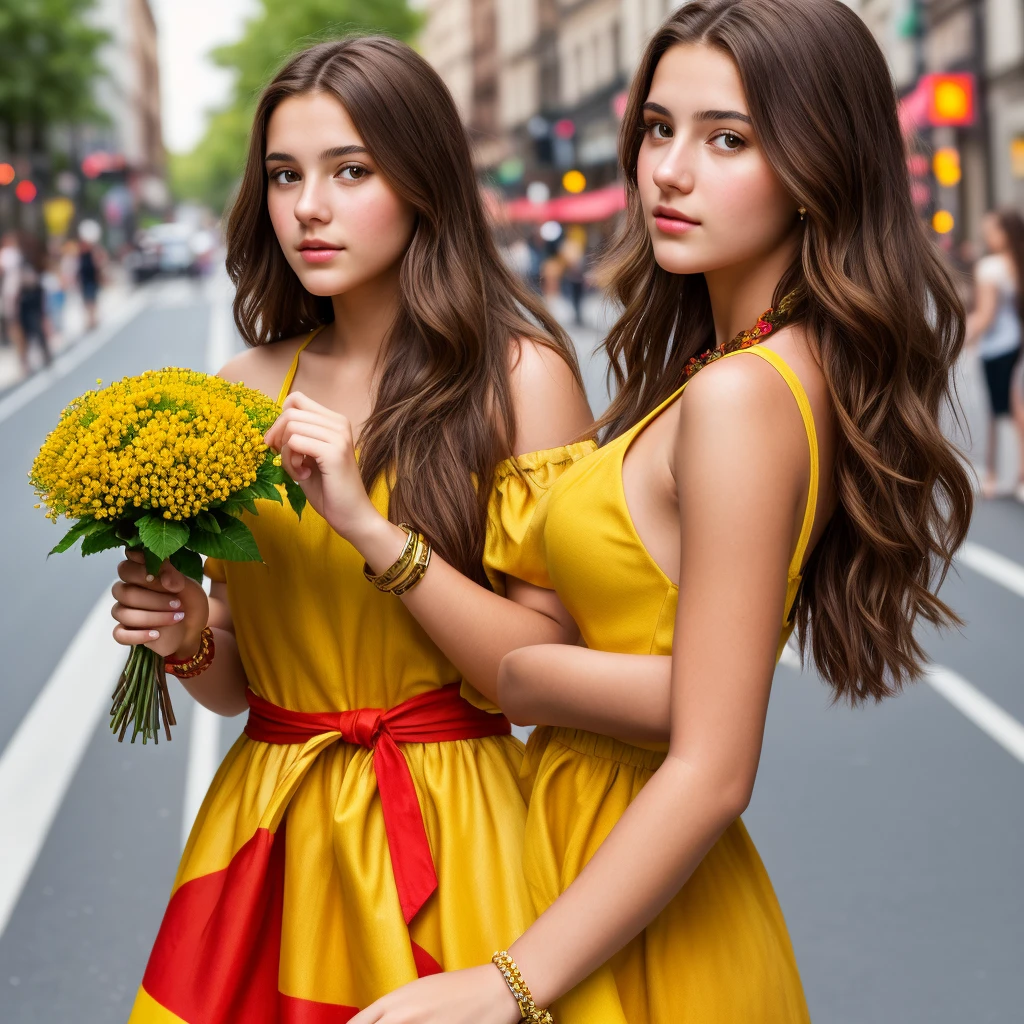 ((Best Quality)),((artwork)),((realist)),portrait of a 17 year old woman,[captivating brown eyes],Brown hair[old and worn dress], holding red and yellow flowers with a beautiful bracelet on her right arm well highlighted in the middle of the street:1.3),[busy street scene,(capturing beauty and art:1.2),(8K resolution:1.2),
