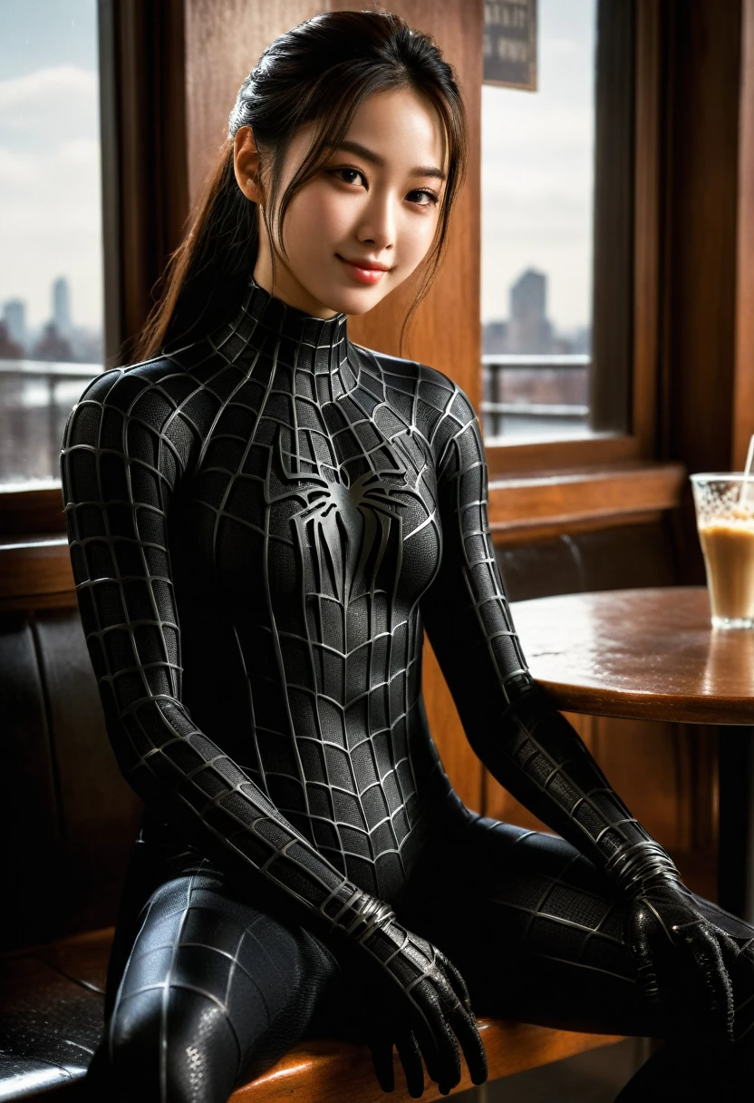 score_9, score_8_up, score_7_up, best quality, realistic, masterpiece, beautiful detail, hyperrealistic, (1girl, woman body, smile), big breasts, amazing detailed full body portrait of a beautiful ulzzang girl, wearing a realistic and highly detailed black raimi spider-man suit, ((huge muscular girl)), professional model wears ultra - detailed black raimi spider - man suit, ultra - detailed and grained black raimi spiderman suit, suit covered entire body and hand, black spiderman gloves, wet, (sitting on a cafe), (full body), (dirty skin), close up, octane render, highly detailed, volumetric, dramatic lighting, (highest quality:1.1), (HDR:1.3), (top quality, best quality), realistic, high definition,