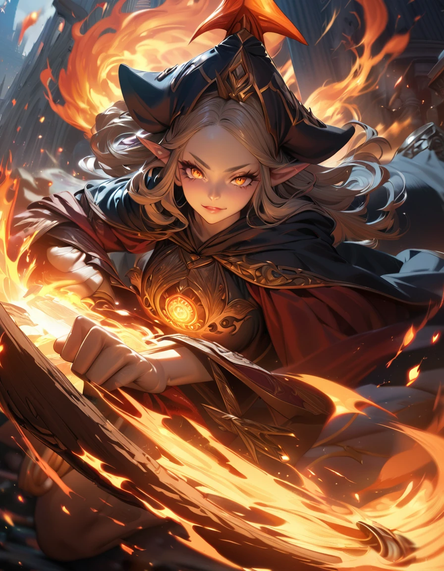A cute hot elf girl fire mage, dramatic explosions of fire magic, mage hat, smirky expression, battle stance, dark robe, mage staff, detailed face, beautiful detailed eyes, beautiful detailed lips, extremely detailed eyes and face, long eyelashes, intricate details, masterpiece, 8k, ultra-detailed, photorealistic, concept art, vibrant colors, dramatic lighting