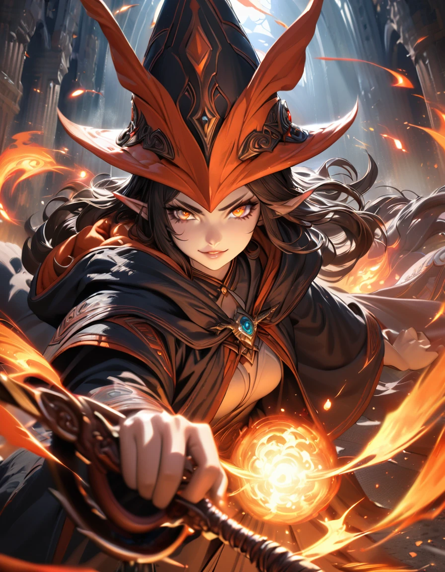 A cute hot elf girl fire mage, dramatic explosions of fire magic, mage hat, smirky expression, battle stance, dark robe, mage staff, detailed face, beautiful detailed eyes, beautiful detailed lips, extremely detailed eyes and face, long eyelashes, intricate details, masterpiece, 8k, ultra-detailed, photorealistic, concept art, vibrant colors, dramatic lighting