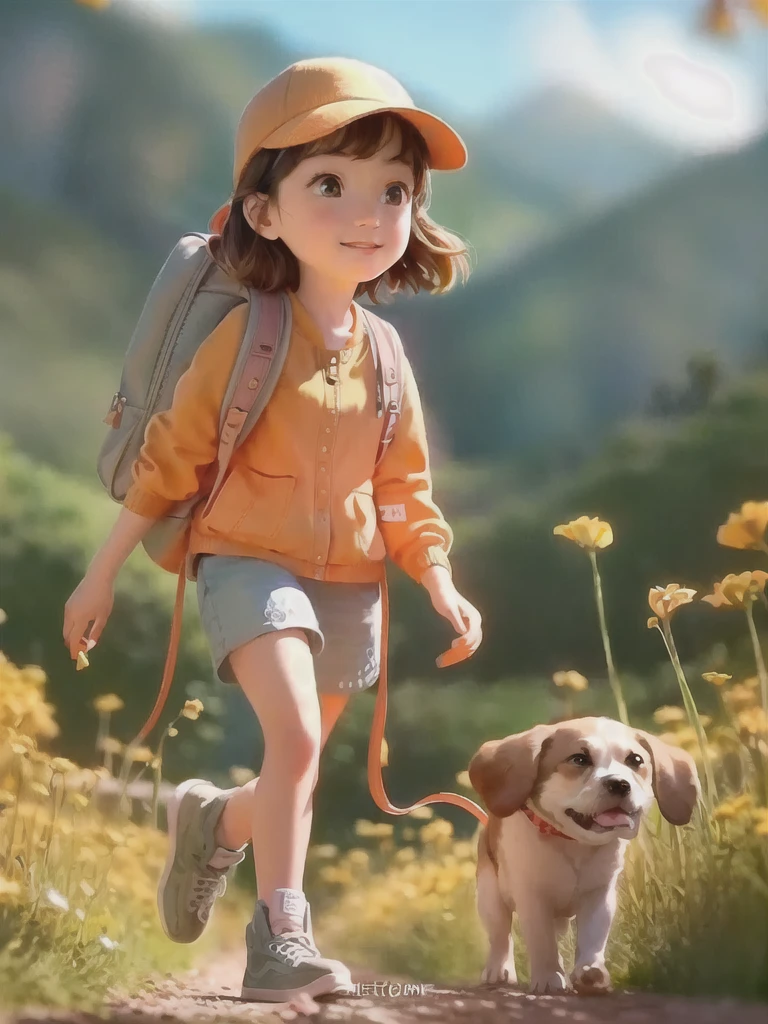 Tip: A very charming with a backpack and her cute puppy enjoying a lovely spring outing surrounded by beautiful yellow flowers and nature. The illustration is a high-definition illustration in 4k resolution, featuring highly detailed facial features and cartoon-style visuals.
