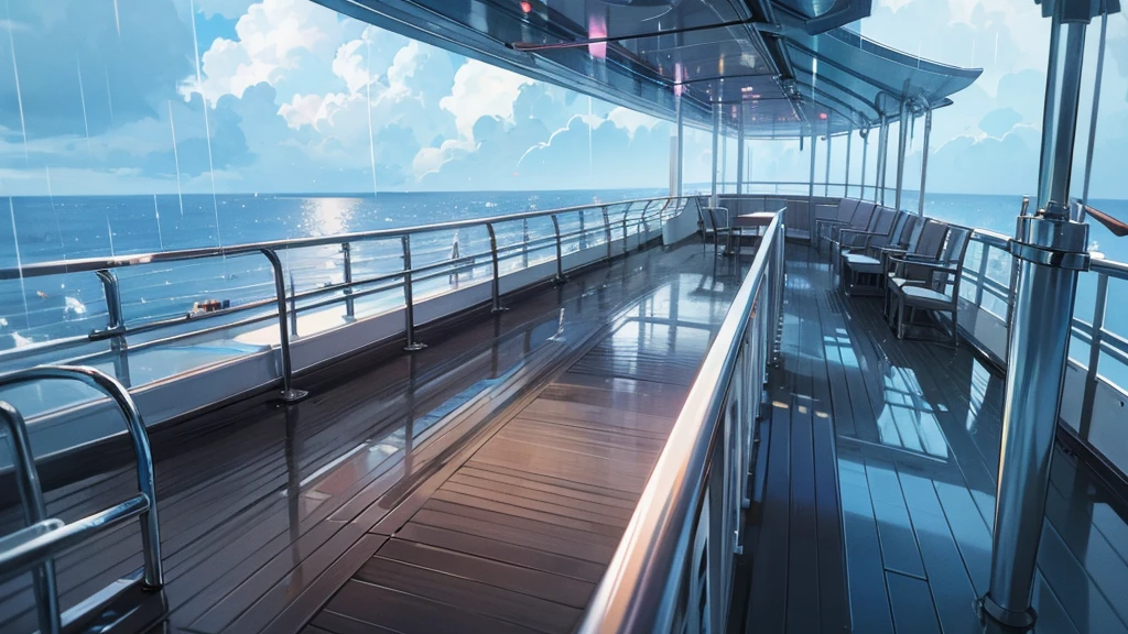 Cruise ship deck, sky full of clouds, no one, rain