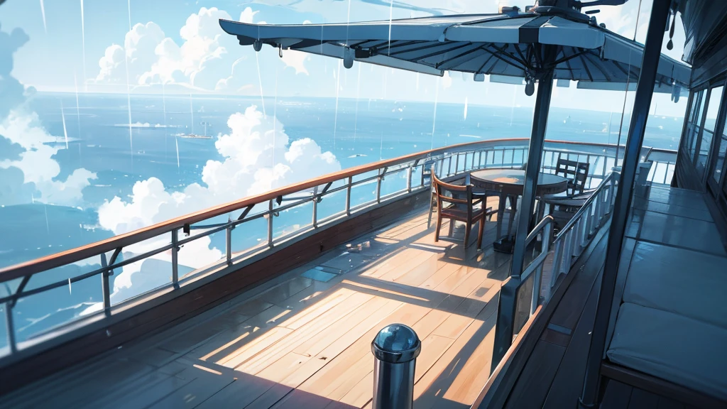 Cruise ship deck, sky full of clouds, no one, rain
