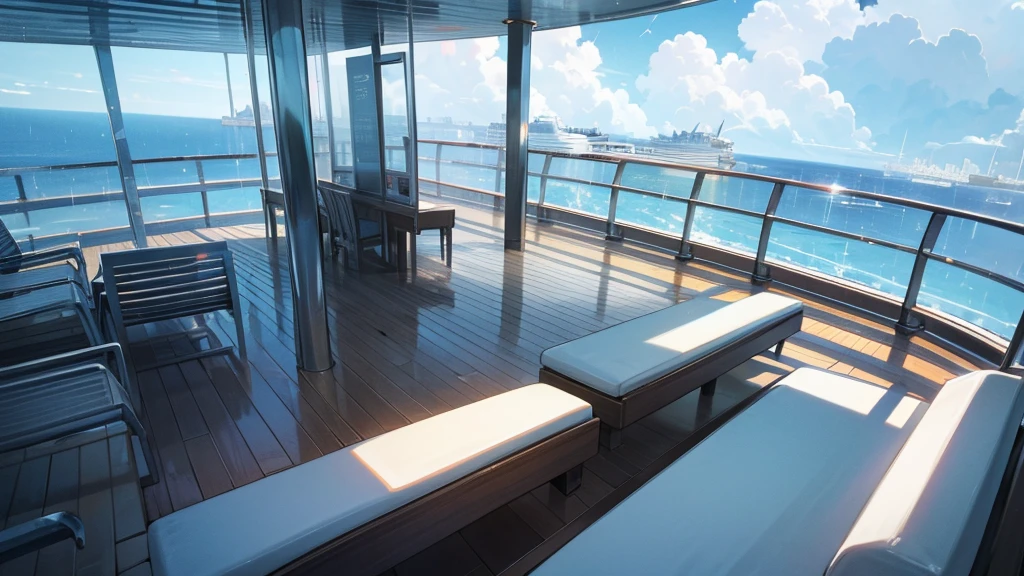 Cruise ship deck, sky full of clouds, no one, rain