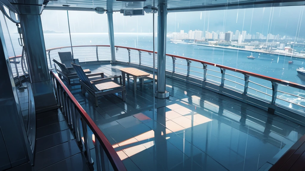 Cruise ship deck, sky full of clouds, no one, rain