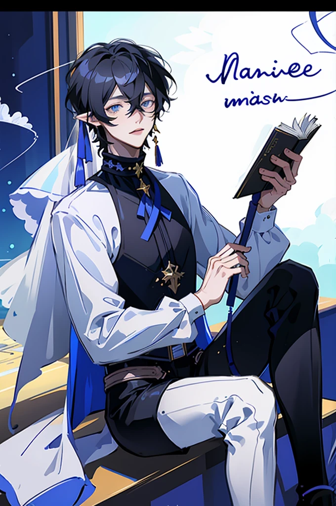 ((8K, masterpiece, high quality)), anime character, 1 man, young man, ((medium hair)), black hair, bangs between the eyes, Light blue eyes, pale skin, glasses, soft and passionate expression, sweet smile, very flushed cheeks, wearing a black shirt, book in his hands, photo shoot, portrait, living room scenario, perfect shadow and light, natural, very perfect, very detailed ((Make him look extremely in love))