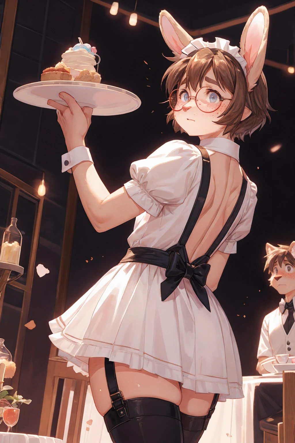 rabbit, male, slim, thick thighs, light brown fur, handsome, wearing frilly top, extremely skimpy mini skirt, maid, full body, pastel, soft light, wide hips, round glasses, waiter, serving sweets, low angle, blushing, embarassed, plump thighs, pastel pink, cute pose, thigh straps, visible butt, lifted skirt, skimpy outfit, open back, freckles, mortified