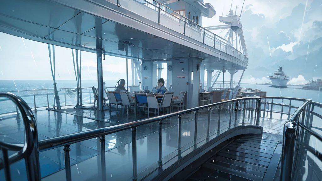 Cruise ship deck, sky full of clouds, no one, rain