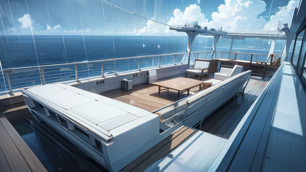 Cruise ship deck, sky full of clouds, no one, rain