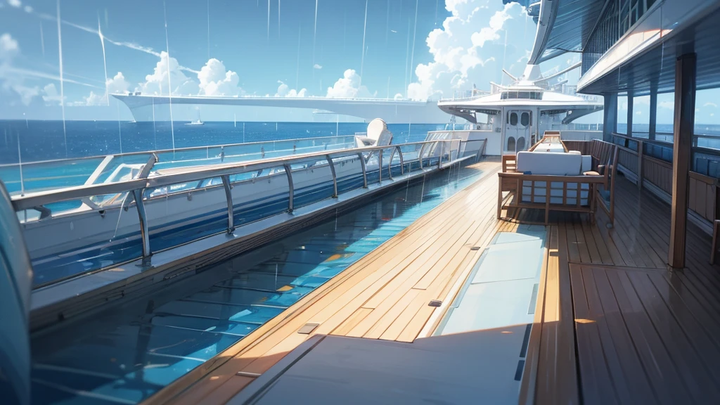 Cruise ship deck, sky full of clouds, no one, rain