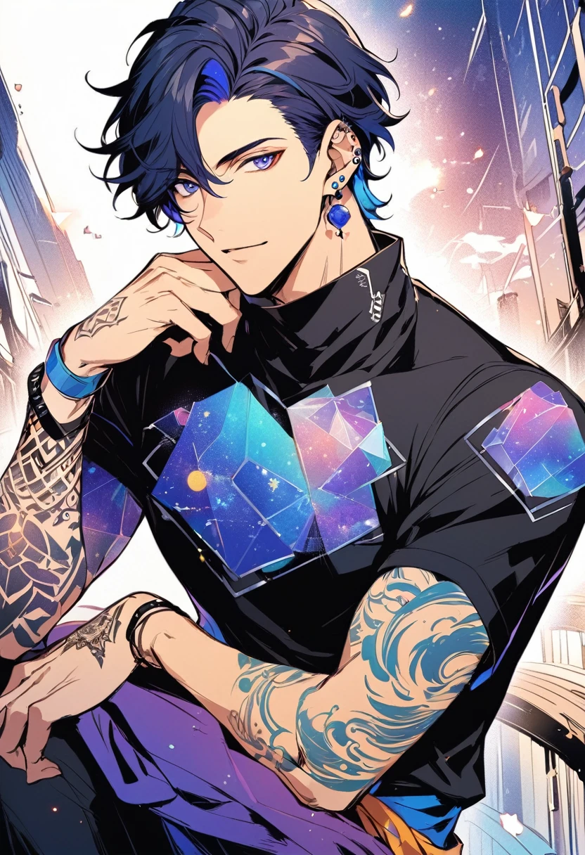 a handsome young man, he wears galaxy colored earrings, he looks so mysterious, he has a symbol tattooed on his arm which has a unique symbol. manga style. 