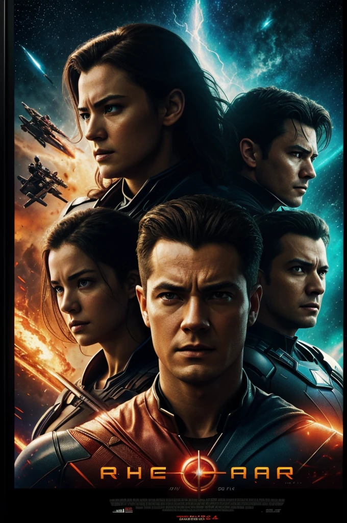 Intensely the film, a captivating poster for the superhero movie. The composition exudes cinematic lighting and color grading. A galactic view. In the center, a group of heroes 3 men and 2 women in battle. A gloomy atmosphere of horror and hopelessness. Inspired by the conceptual works of Maciej Kuciara, Jama Jurabayev and Wojtek Fus, this poster incorporates a rich cinematic color gradation reminiscent of Kodak Porta 400 and Cinestill 800 film, shot through a Leica M10 lens, with a high cinematograph contrast.