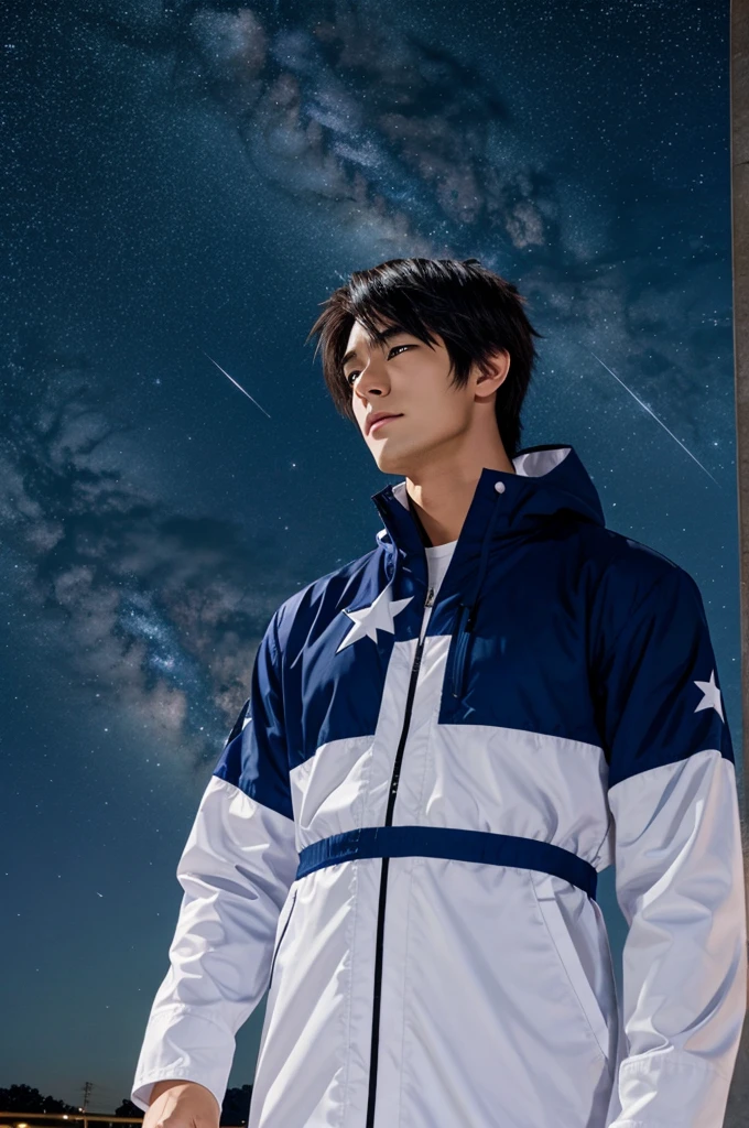 An anime character man seeing the Stars in the sky