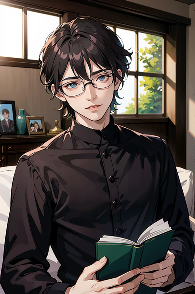 ((8K, masterpiece, high quality)), anime character, 1 man, young man, ((medium hair)), black hair, bangs between the eyes, Light blue eyes, pale skin, glasses, soft and passionate expression, sweet smile, very flushed cheeks, wearing a black shirt, book in his hands, photo shoot, portrait, living room scenario, perfect shadow and light, natural, very perfect, very detailed ((Make him look extremely in love))