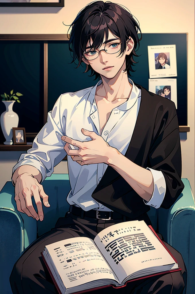((8K, masterpiece, high quality)), anime character, 1 man, young man, ((medium hair)), black hair, bangs between the eyes, Light blue eyes, pale skin, glasses, soft and passionate expression, sweet smile, very flushed cheeks, wearing a black shirt, book in his hands, photo shoot, portrait, living room scenario, perfect shadow and light, natural, very perfect, very detailed ((Make him look extremely in love))