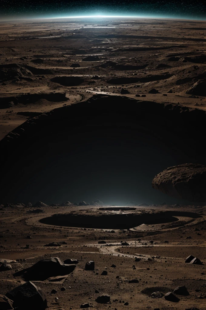 Illustration of empty Earth, dark and desolate, evoking a primitive and chaotic landscape.