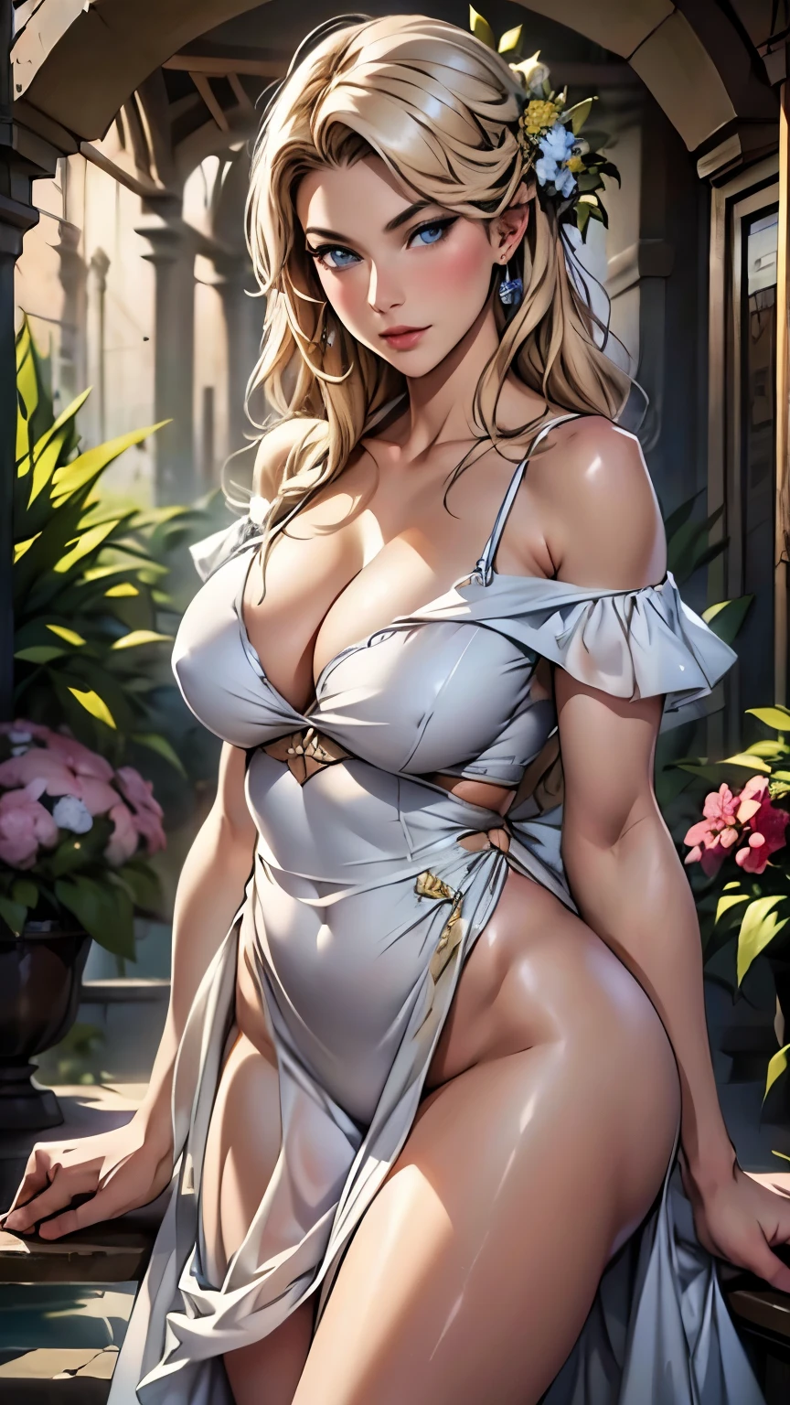 (highest quality,4k,8k,High resolution,masterpiece:1.2),super detailed,(realistic,photorealistic,photo-realistic:1.37),detailed and beautiful eyes,dense and beautiful lips,highly detailed eyes and face,long eyelashes,[garden, Bright colors,soft natural light,romantic atmosphere,vivid flowers, flowing dress,feminine and elegant pose,Happy and confident look, High fashion style, Dreamy scenery, fine art portrait, art print quality, oil painting techniques, impressionist style.