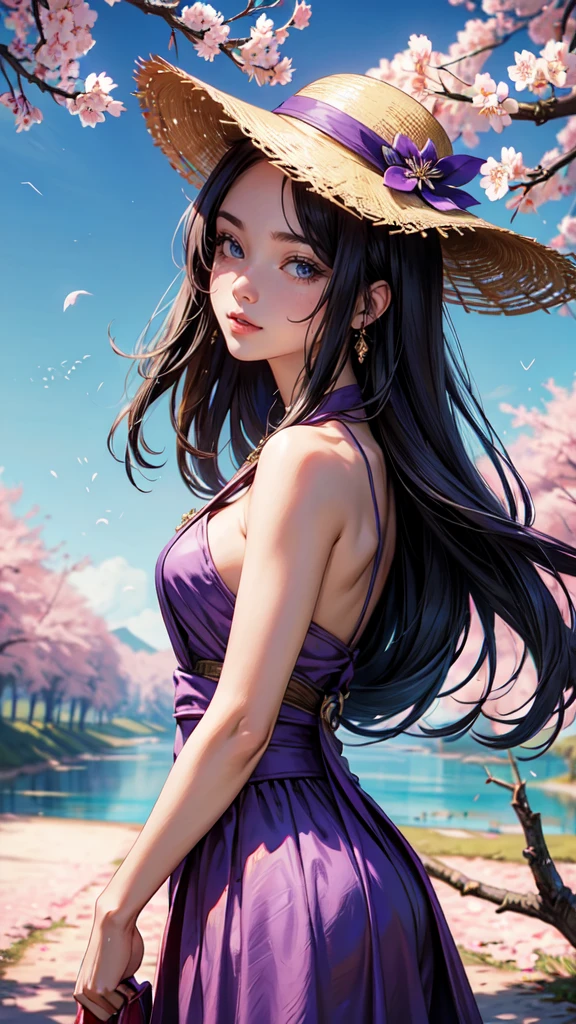 （masterpaintingelhor Quoridade），Riverside，There are many tall buildings across the river，profundidade de campo，perfect lighting，light particleelhor Quoridade），（masterpaintings），（hiper detalhado），sharp focus，light particles，a beautiful Chinese woman standing in a cherry blossom field with a sun hat and wearing purple halter dress, longos cabelos castanhos ondulados, wearing sunglasses, alto e magro, Beautiful, sorriso sutil, Olhando_em_espreitando o espectador，sorrir，sozinho，open sky_Clothes，Arms back，standingn, e de corpo inteiro，Japanese style costume，raio de sol，The tree，De boca aberta，Arms back，cabelos azuis，orelhas brancas，purples eyes,detailed face, detailed eyes, detailed hands, colors, sexy pose

