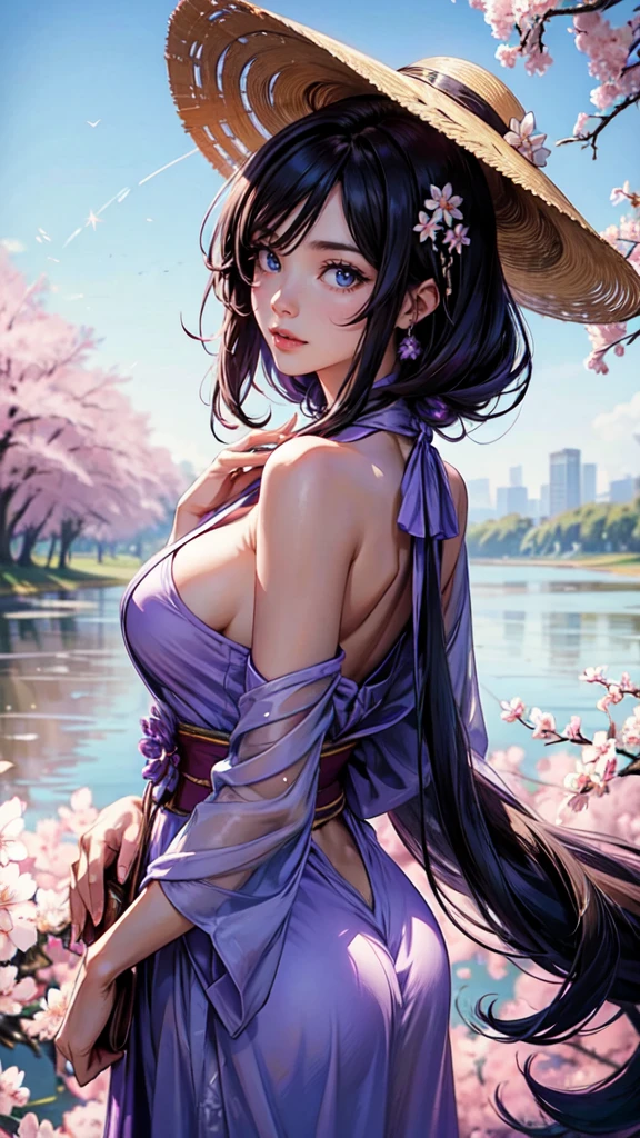 (masterpaintingelhor Quoridade),Riverside,There are many tall buildings across the river,profundidade de campo,perfect lighting,light particleelhor Quoridade),(masterpaintings),(hiper detalhado),sharp focus,light particles,a beautiful Chinese woman standing in a cherry blossom field with a sun hat and wearing purple halter dress, longos cabelos castanhos ondulados, wearing sunglasses, alto e magro, Beautiful, sorriso sutil, Olhando_em_espreitando o espectador,sorrir,sozinho,open sky_Clothes,Arms back,standingn, e de corpo inteiro,Japanese style costume,raio de sol,The tree,De boca aberta,Arms back,cabelos azuis,orelhas brancas,purples eyes,detailed face, detailed eyes, detailed hands, colors, sexy pose