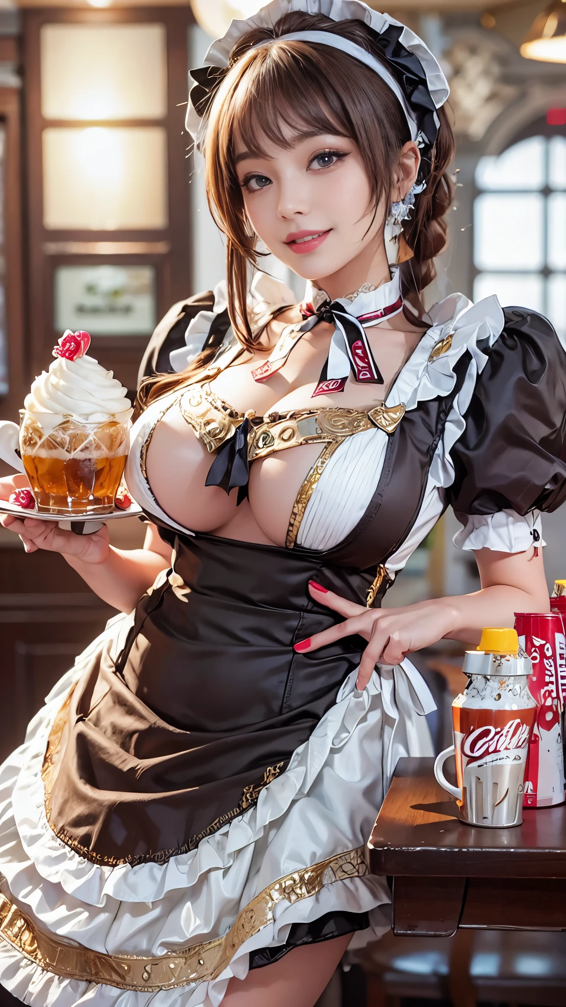 4k, best quality, realistic, detailed, A super busty, sexy, and mature beauty dressed as a maid carrying a cream soda on the tray at a glamorous maid cafe. She is smiling.