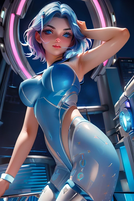 A detailed portrait of Sailor Mercury, beautiful detailed blue eyes, long eyelashes, beautiful detailed lips, extremely detailed face and features, short blue hair, crotch, shaved) in a futuristic cityscape, lights neon, glowing energy effects, cinematic lighting, hyperdetailed, digital art, from below, from below, 8k, high resolution, masterpiece, accurate, anatomically correct, textured skin, high details, best quality, high resolution