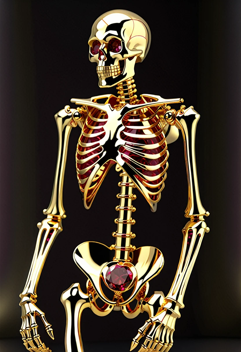 ((Best resolution)), ((high quality:1.2)), 8k, extremely detailed, ((High detail:1.2)), gold skeleton with rubies,