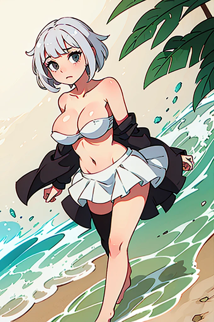 short white hair,naked large mammary glands,beach edge background, in shortskirt