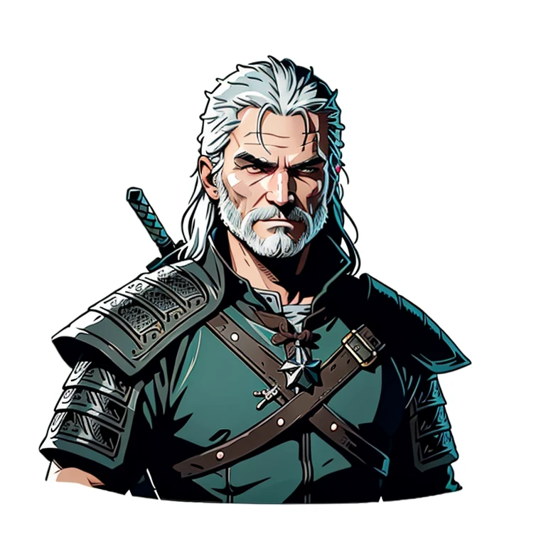 Die-cut sticker, Cute kawaii geralt of rivia sticker, white background, illustration minimalism, vector, pastel colors