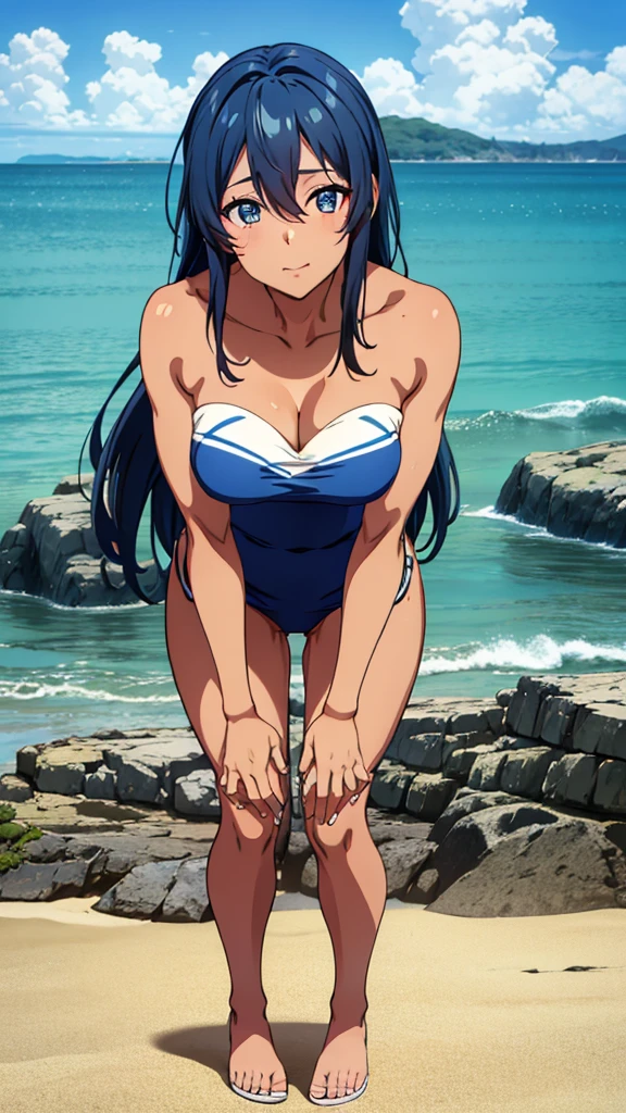 av idol, 32-years-old dark tan skin with long blue hair and eyes Wearing a Strapless Swimsuits, beach pier background, leaning forward, hands on knees 