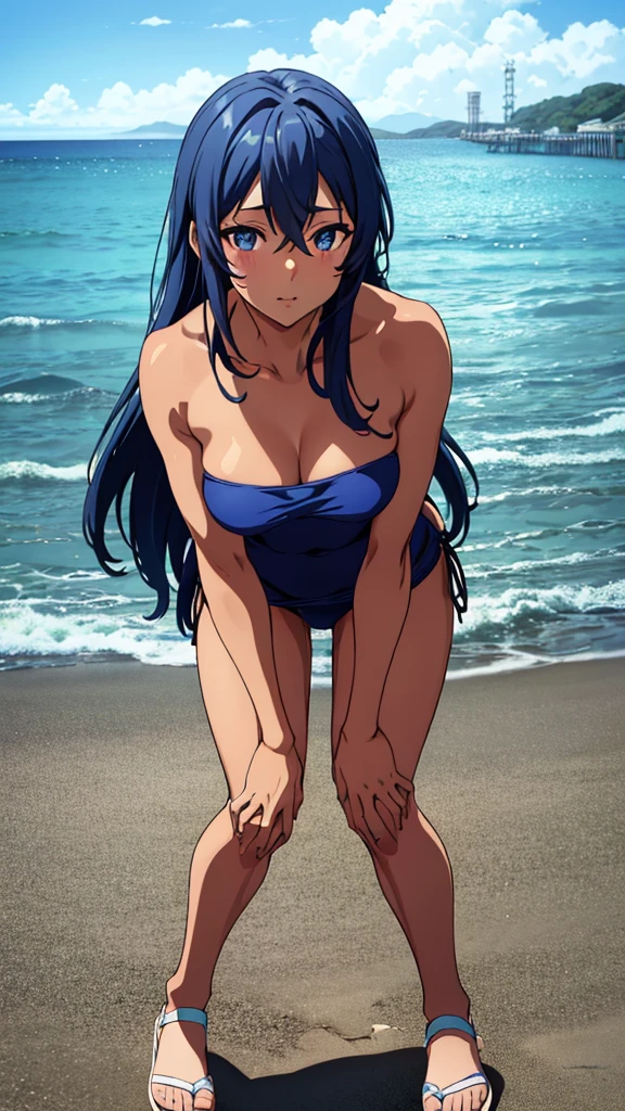 av idol, 32-years-old dark tan skin with long blue hair and eyes Wearing a Strapless Swimsuits, beach pier background, leaning forward, hands on knees